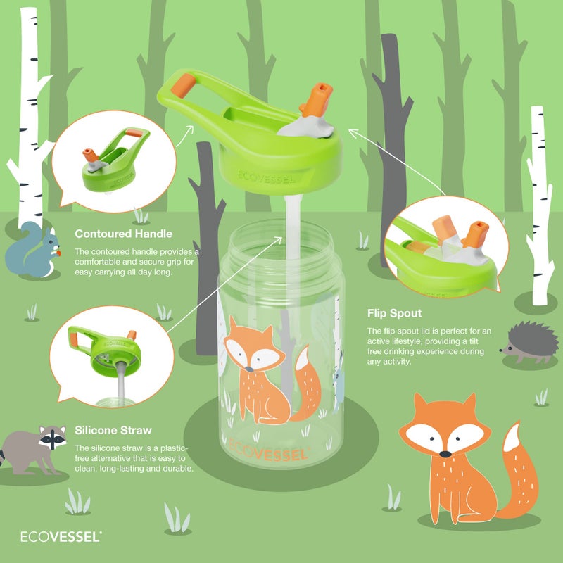 EcoVessel SPLASH Tritan Plastic Kids Water Bottle with Straw, Leak Proof Flip Top Lid, and Carry Handle Kids Cups Sports Water Bottle 12 oz (Camping) - Image 3